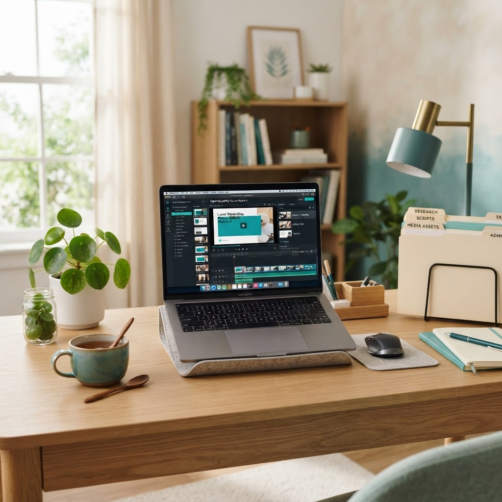 Home office organizado com laptop, caderno e materiais de trabalho editorial