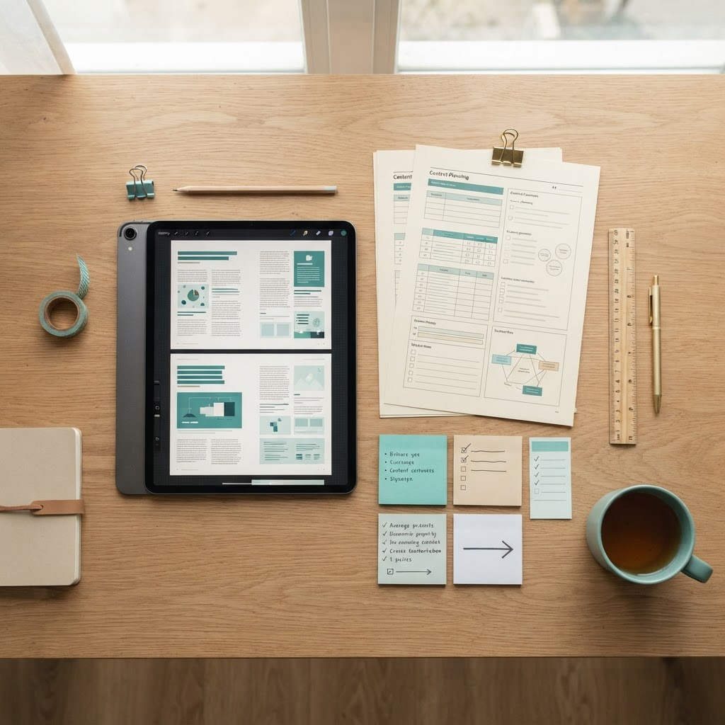 Materiais de produção editorial organizados: tablet com layout de e-book, planilhas e fichas de estrutura